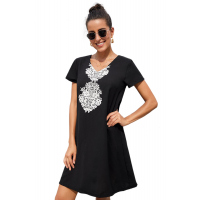 Black Summer Tribal Print V-Neck Shift Casual Dress