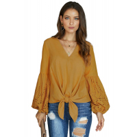 Yellow Rhapsody Cotton Balloon Sleeve Tie Top