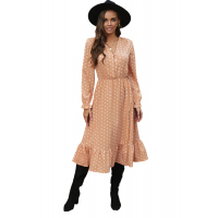 Apricot Button Polka Dot High Slit Ruffled Midi Dress