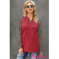 Red Leopard Patchwork Lace-up Front Long Sleeve Top