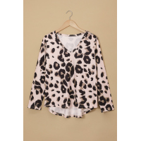 Khaki Casual Leopard Print Long Sleeves T-shirt