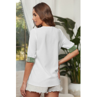 White Deep V-neck Half Sleeve Embroidery Patch Blouse