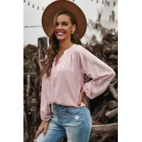 Pink V Neck Lantern Sleeve Textured Solid Top