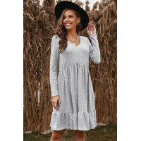 Gray Brushed Fleece Long Sleeve Ruffle Mini Dress