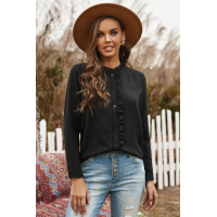 Black Frilled Neckline Buttoned French Shirt