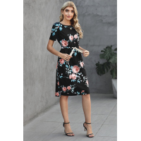 Black Short Sleeve Pocketed Drawstring Casual Floral Dress