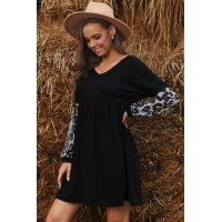 Leopard Splicing Ruffled V-neck Long Sleeve Mini Dress