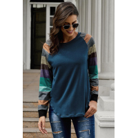 Color Block Long Sleeves Navy Pullover Top