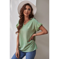 Green V Neck Ruffle Short Sleeve T-shirt