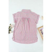 Pink Short Sleeve Buttoned Striped Print Blouse