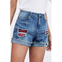 Plaid Patchwork Rolled Hem Denim Shorts