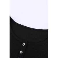 Black Solid Color Ribbed Texture Slim Top with Button