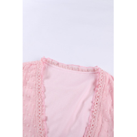 Pink Ruffled V Neck Frill Hem Swiss Dot Blouse