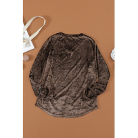 Brown V Neck Roll-tab Sleeve Velvet Top