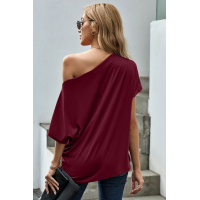 Red Off-The-Shoulder Slash Neck Casual Loose Fitting Top