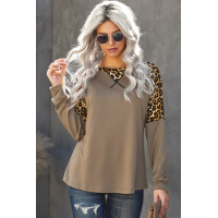 Khaki Leopard Stitching Long Sleeve Top