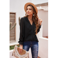 Black Elegant V-Neck Swiss Dot Lace Blouse