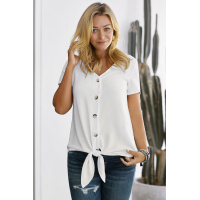 White Button Up Front Tie Detail Woven Top