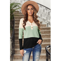 V-neck Color Block Button Waffle Knit Pullover