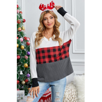 Red Plaid Color Block V Neck Long Sleeve Top