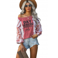 Pink Letter Print Cut-out Tie Dye Lantern Long Sleeve Top