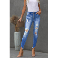 Sky Blue High Rise Button Front Frayed Ankle Skinny Jeans