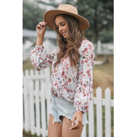 Multi-color Wrap V Neck Lantern Sleeve Floral Print Drape Blouse