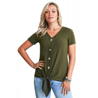 Green Button Up Front Tie Detail Woven Top