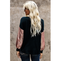 Sequin Splicing V Neck Bishop Sleeves Top