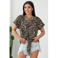 Leopard Hollow-out Neck Tee with Knot Hem