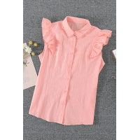 Pink Sleeveless Button Closure Ruffled Linen Shirt