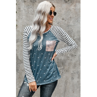 Sequin Pocket Dotted Panel Striped Sleeve Top