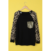 Leopard Round Neck Sequin Long Sleeve Top