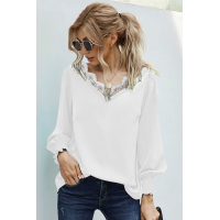 V Neck Lace Patchwork White Blouse