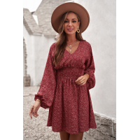 Red V Neck Balloon Sleeve Smocked Waist Printed Mini Dress