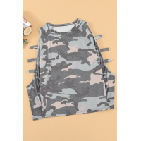 Gray Camouflage Shoulder To Hollow Out Long Sleeve Top