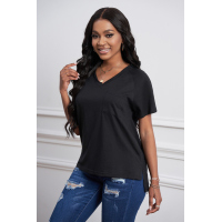 Black V Neck Short Sleeves Cotton Blend Tee with Front Pocket and Side Slits