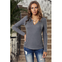 Gray V Neck Cotton Blend Long Sleeve Top