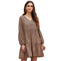 Brown Leopard Ruffle V-Neck Flowy Loose Tunic Dress