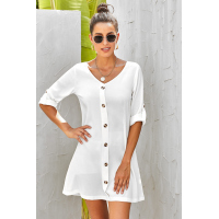 White V Neck Button Front Roll up Tab Sleeve Dress