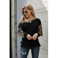 Dew Shoulder Leopard Stitching Long-sleeved Blouse