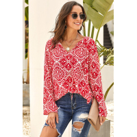 Red Long Sleeve V Neck Printed Chiffon Blouse