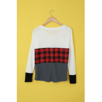 Red Plaid Color Block V Neck Long Sleeve Top