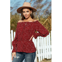 Red Polka Dot Off Shoulder Ruffle Long Sleeve Top