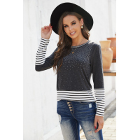 Gray Rhinestone Beading Striped Patchwork Long Sleeve Top