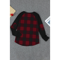 Red Plaid Long Sleeve Top with Elbow Patch