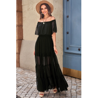 Black Off Shoulder Ruffle Swiss Dot Maxi Dress