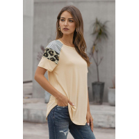 Khaki Striped Leopard Print Short Sleeve Women T-shirt