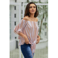 Off The Shoulder Vertical Stripes Blouse in Pink