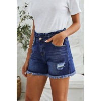 Blue High Rise Ruffle Waist Denim Shorts